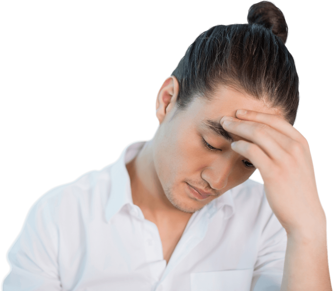 Transparent Young Man with Headache Holding Forehead