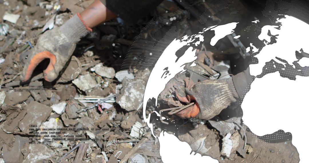 Hands Sorting E-Waste Pieces in Recycling Yard with Global Graphic