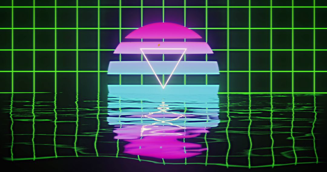 Retro Futuristic Geometric Design with Neon Sun and Reflection