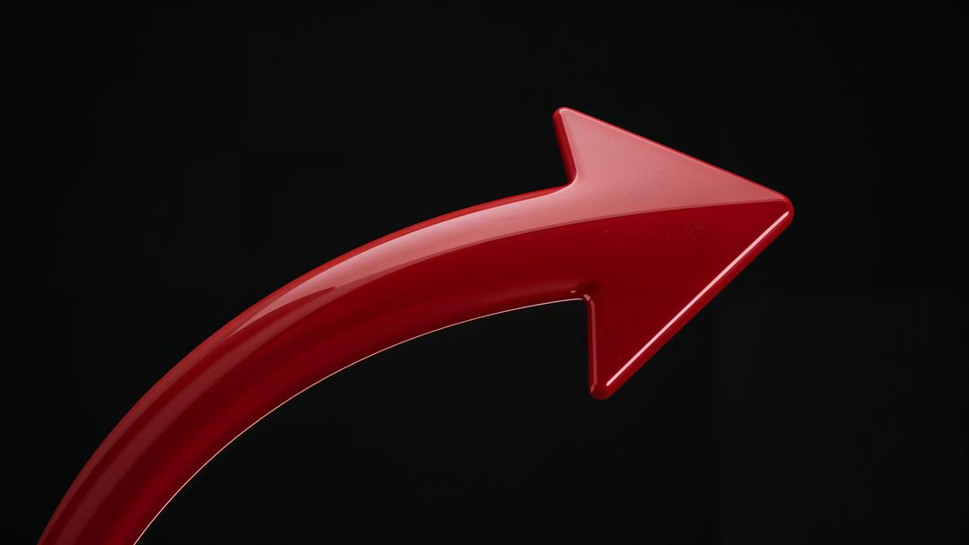 Glossy red curved arrow curving against black background for directional themes