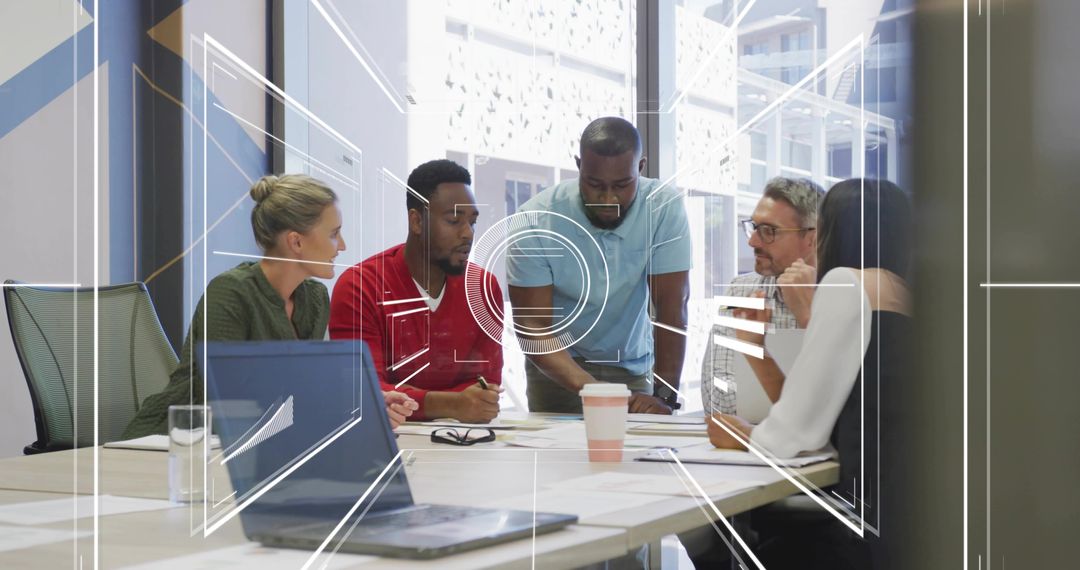 Diverse Team Discussing Project in Modern Office With Digital Interface Overlay