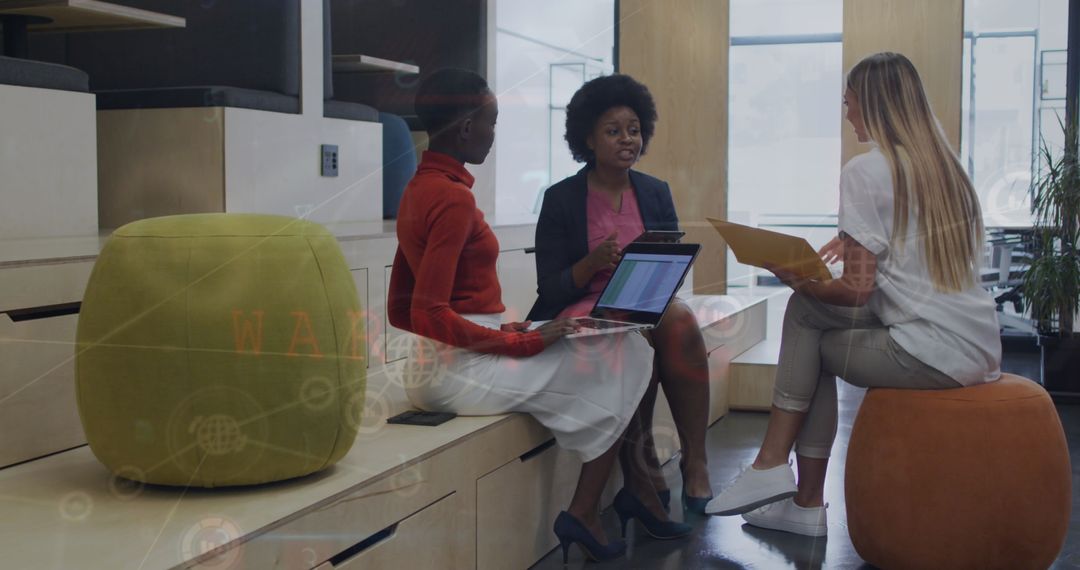 Diverse Coworkers Collaborating with High Tech Interfaces