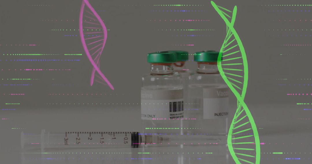 Vaccine vials with syringe and neon DNA glitch art conveying genetic vaccination concept