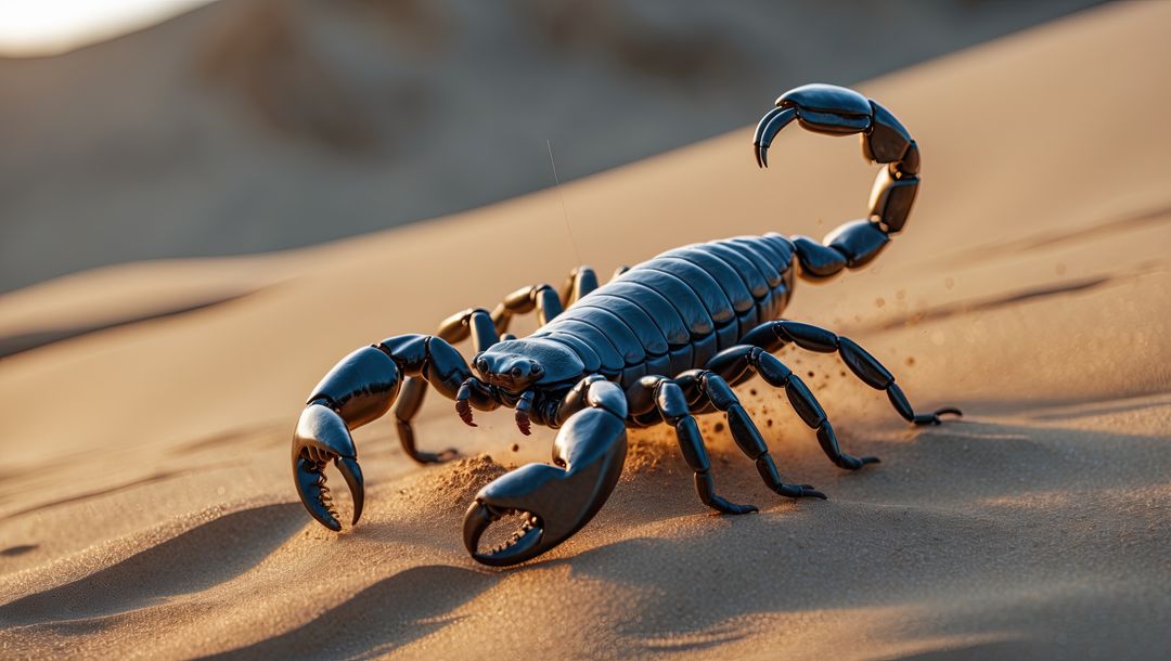 Glossy Black Scorpion Crawling on Desert Sand in Sunlight