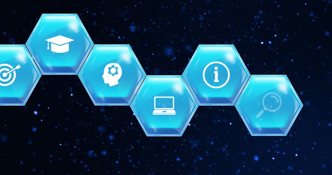 Educational Icons on Blue Hexagonal Background Under Starry Sky