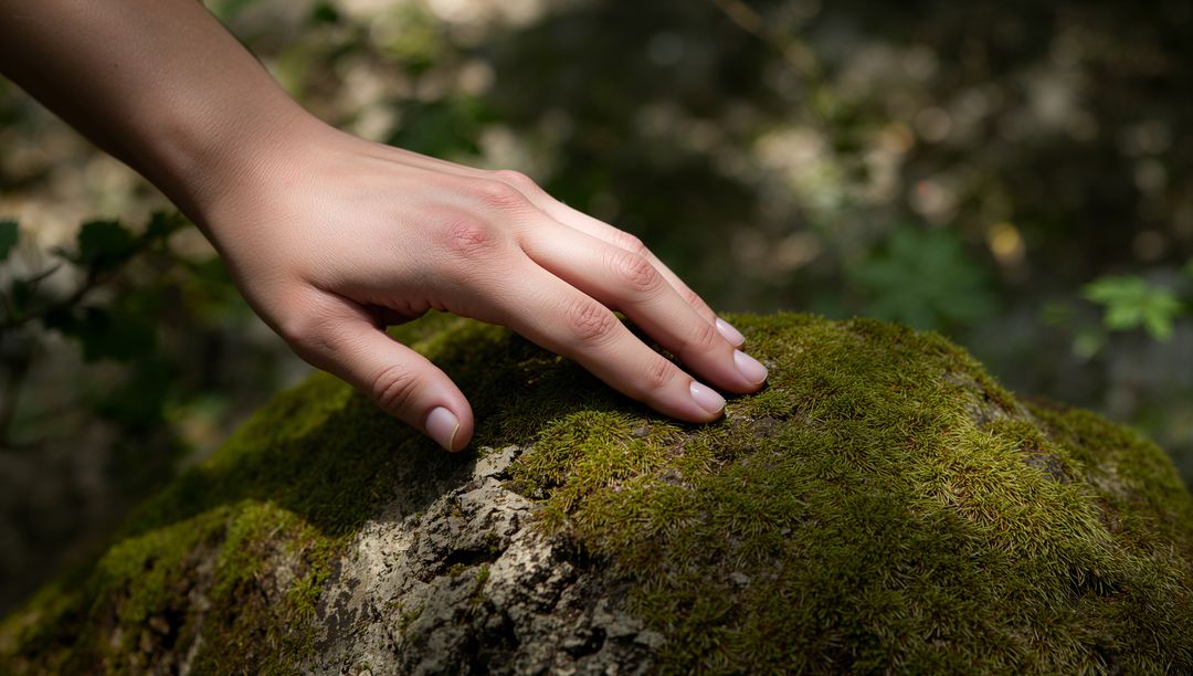 Hand Touching Soft Moss on Sunlit Rock, Closeup Nature Texture and Mindful Connection