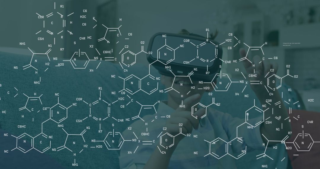 Man Using VR Headset Interacting with Digital Molecular Structures