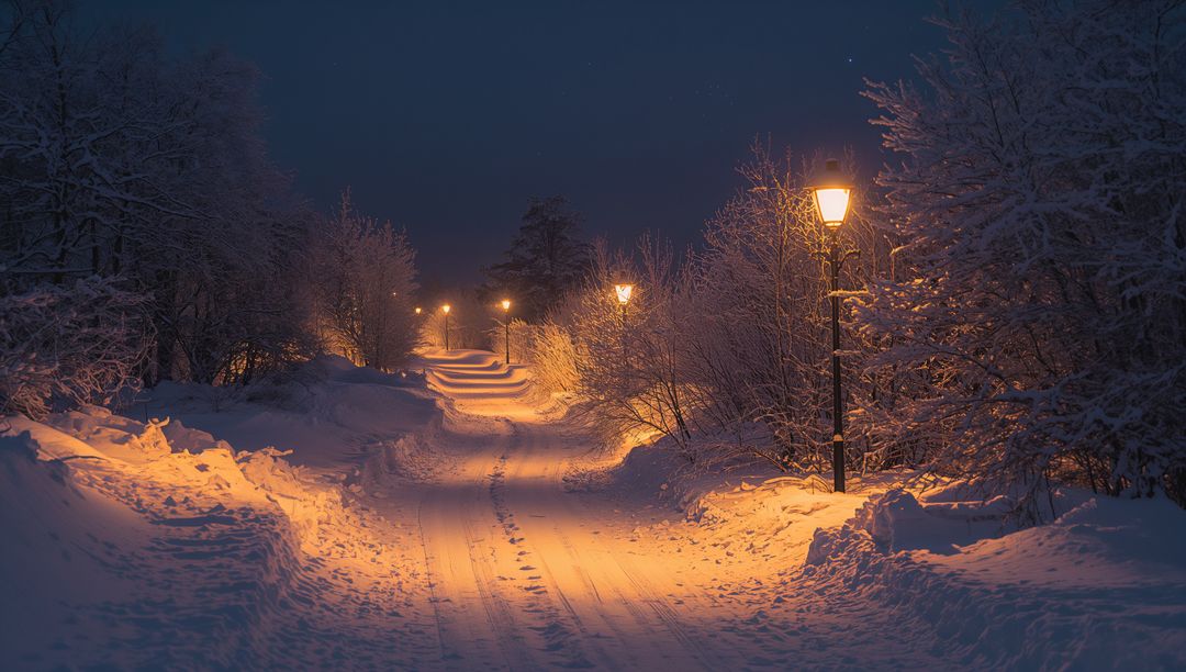 Snowy Park Path at Night with Vintage Lamplight Guiding Footprints and Warm Glow