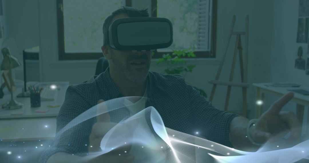 Man Engaging with Virtual Reality Digital Light Effects Concept