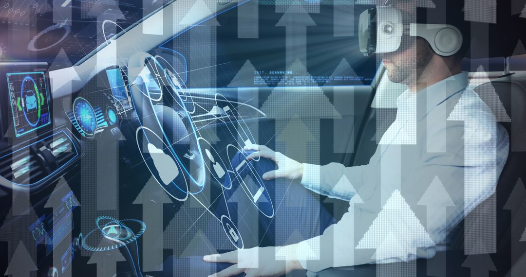 Man Using VR Headset in Self-Driving Car Futuristic Technology