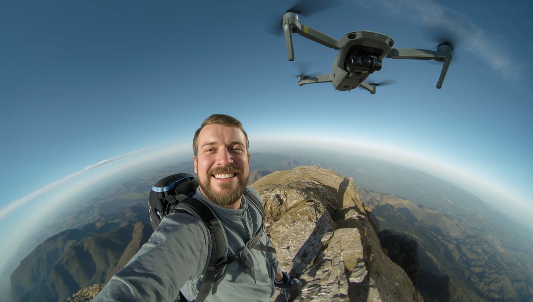 Smiling bearded hiker standing on mountain ridge with drone capturing alpine panorama