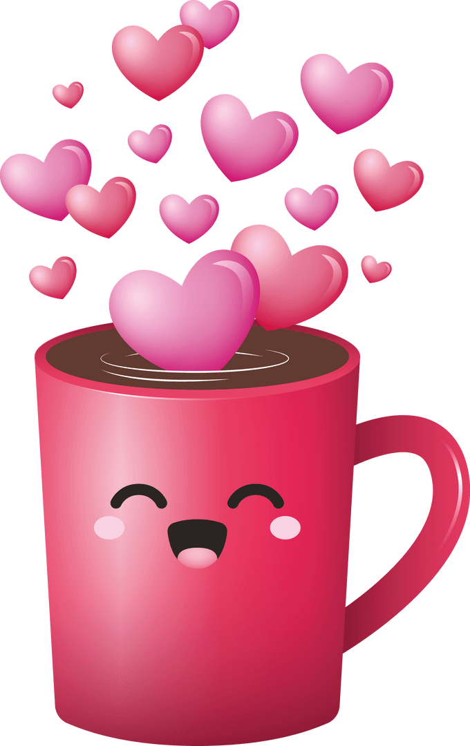 Smiling Pink Cup Overflowing with Hearts on Transparent Background
