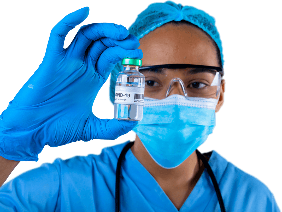 Transparent Health Worker Holding COVID-19 Vaccine Bottle Promotes Safety