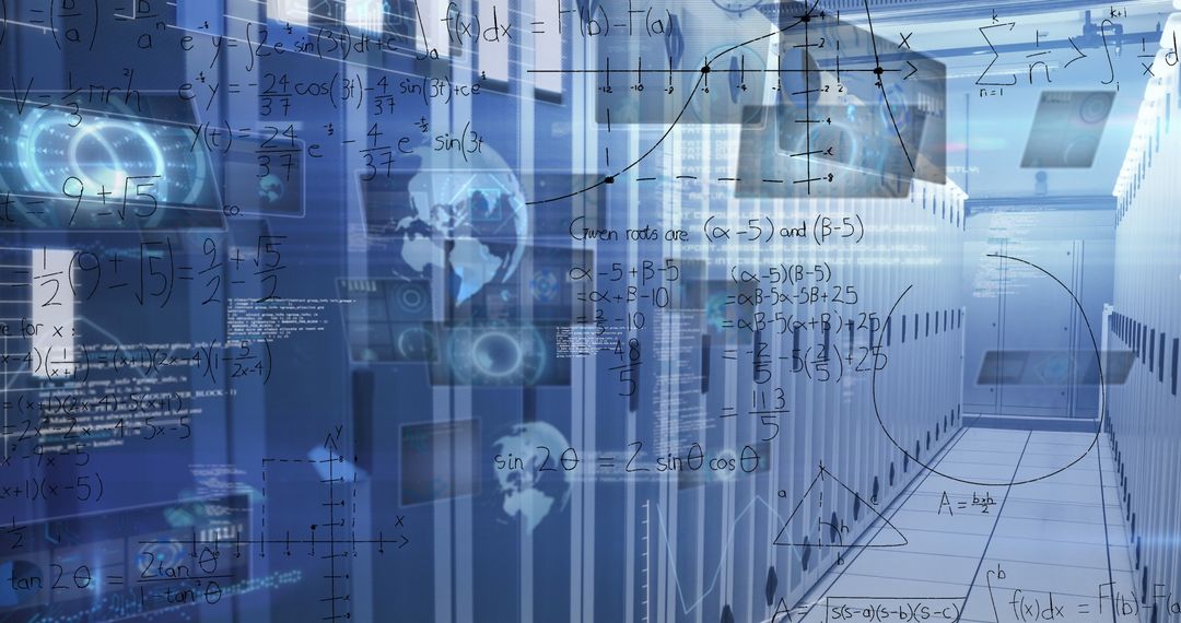 Futuristic Data Center with Mathematical Equations and Graphs