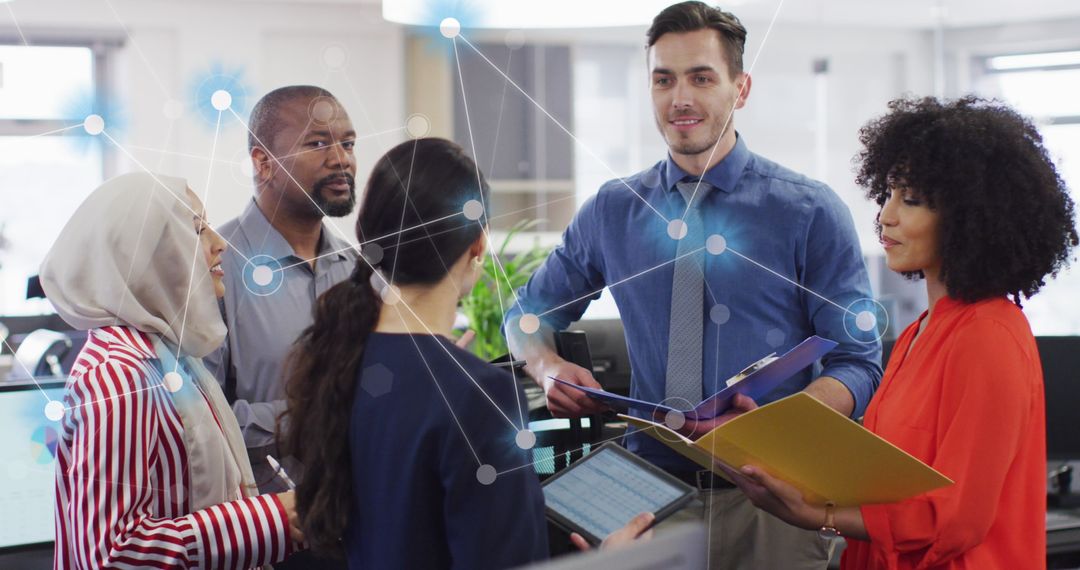 Diverse Business Team Innovating with Global Network Visualization