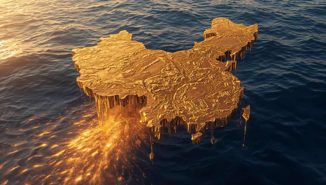 Floating Gold Map of China Over Ocean at Sunset