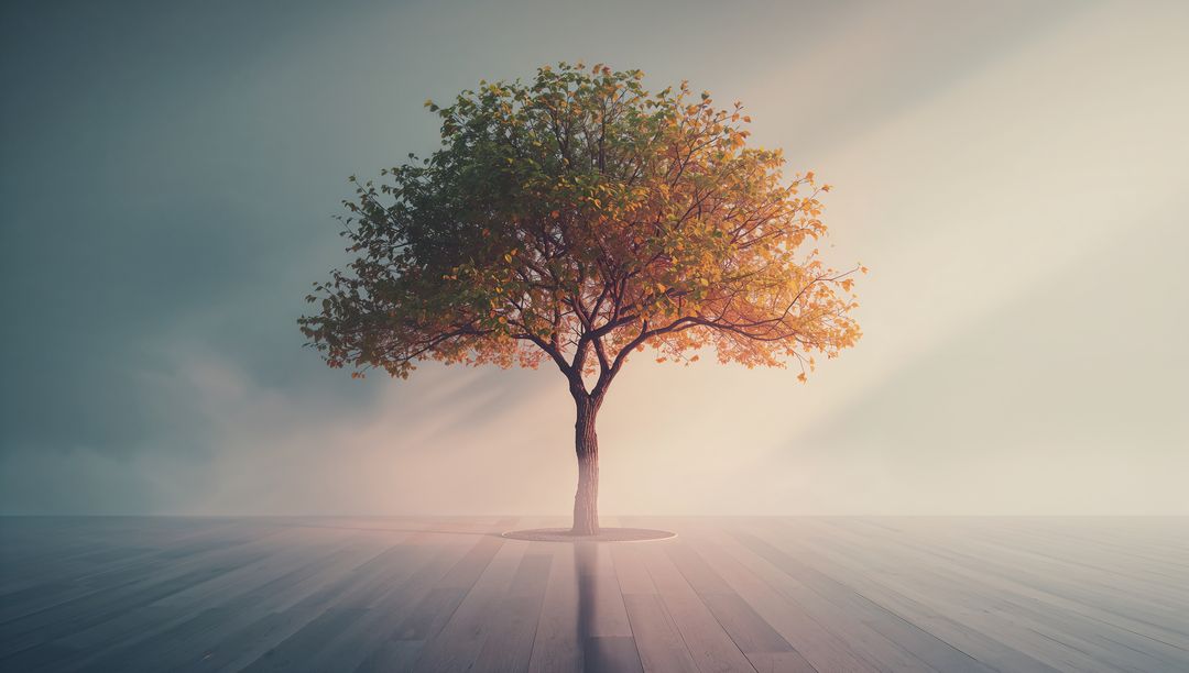 Solitary Tree Catching Light on Wooden Floor in Modern Space