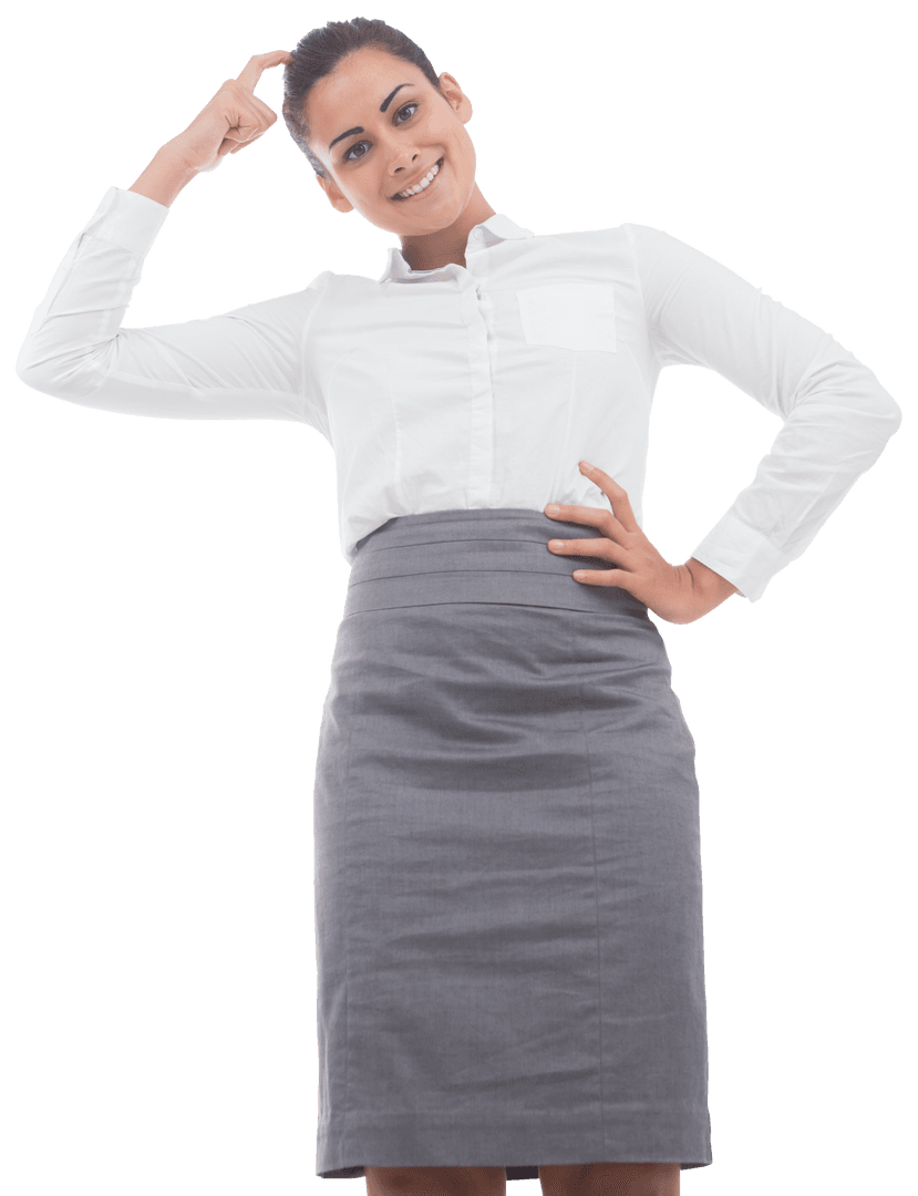 Happy Biracial Businesswoman on Transparent Background Holding Head