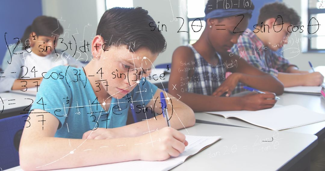 Diverse Students Solving Math Problems in Classroom Focused on Studies