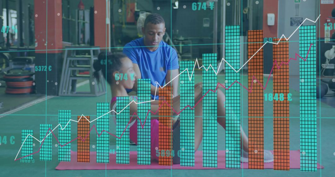 Personal Trainer Coaching Client with Fitness Growth Metrics Overlay