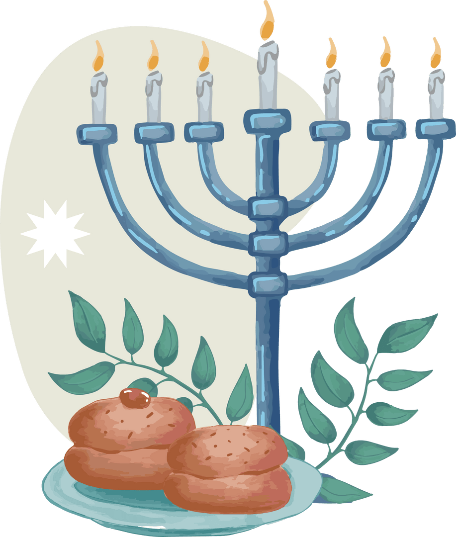 Transparent Menorah with Lit Candles and Jelly Donuts Illustration