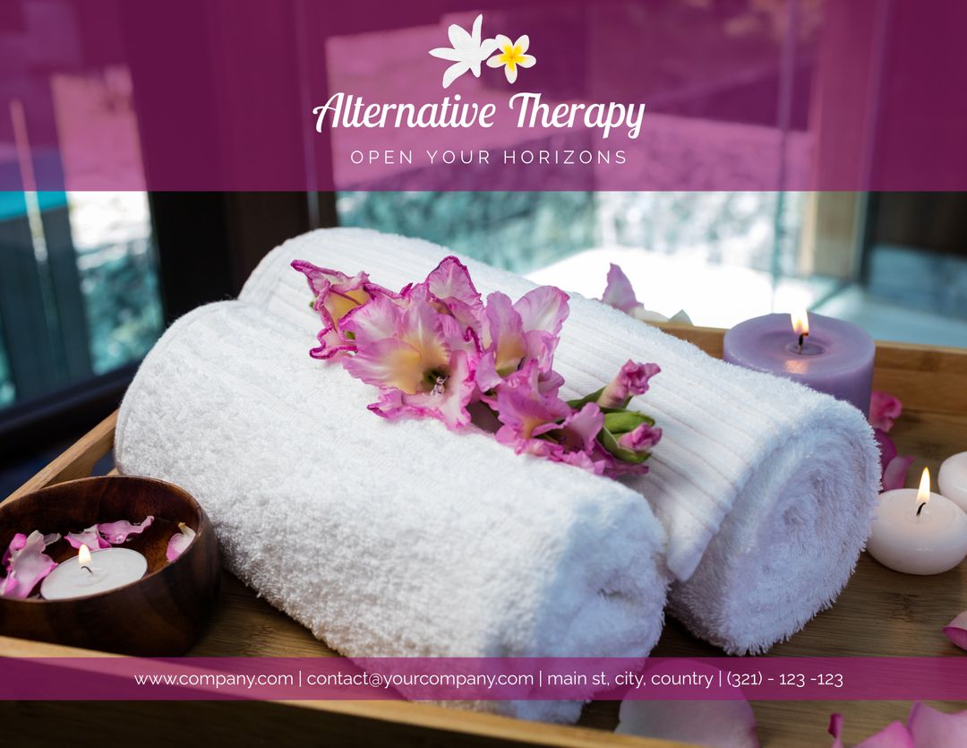 Spa Treatment Towels with Zen Candle and Fresh Flowers