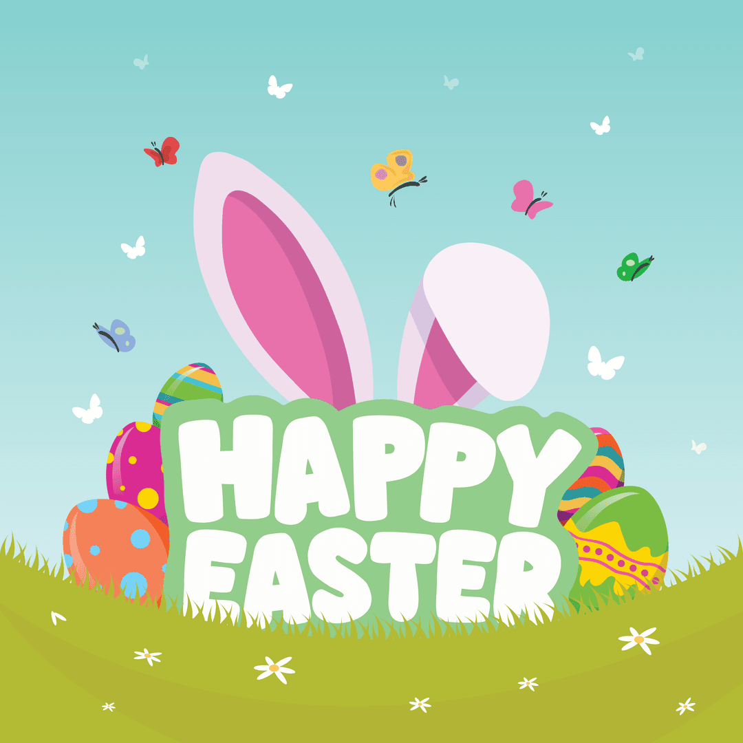 Happy Easter Card with Bunny Ears and Eggs on Transparent Background