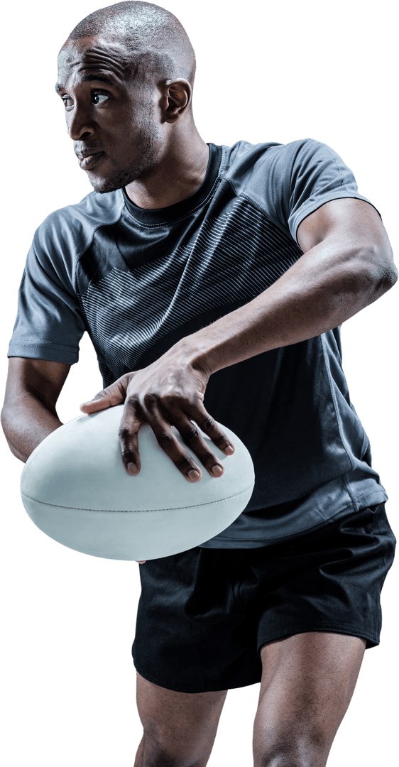 Transparent Determined Rugby Player Holding Ball in Action Stance