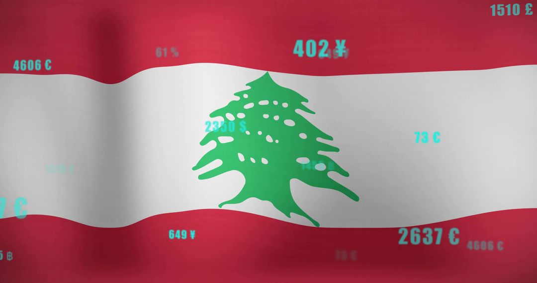 Lebanese Flag with Currency Symbols and Economic Data