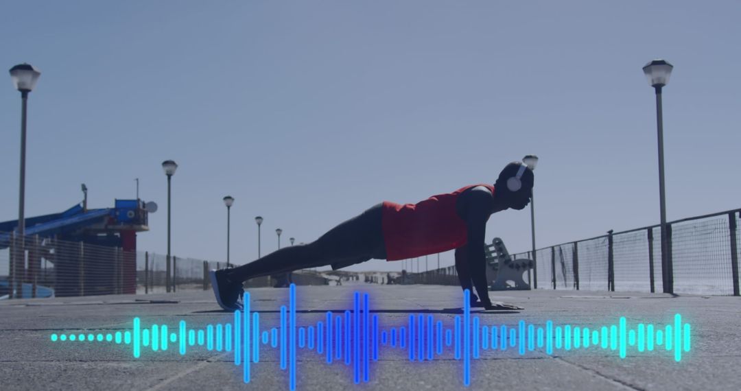 Fitness Enthusiast Exercising Outdoors with Audio Visualization