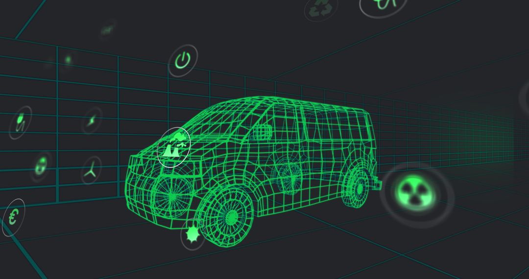 3D Van Model with Futuristic Icons in Digital Tunnel Space