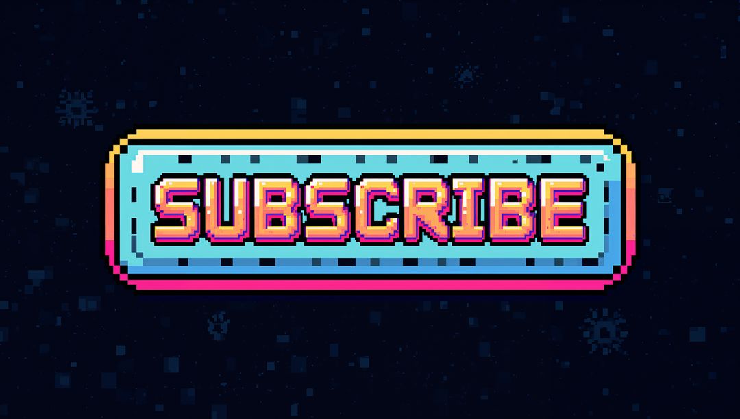 8-Bit Pixel Subscribe Button Retro Neon Arcade Interface with Cyan Magenta Yellow Borders