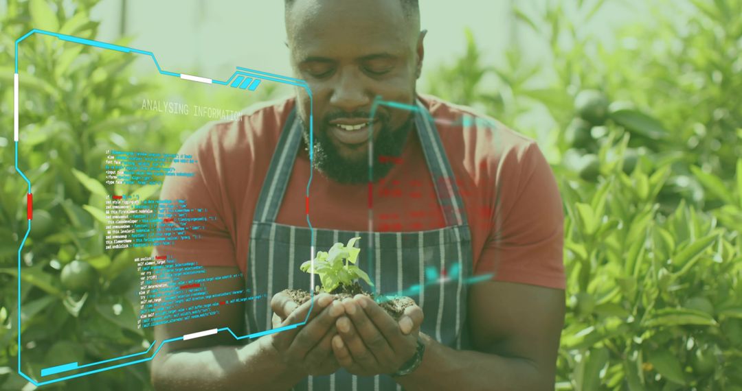 Nursery gardener inspecting seedling with holographic data overlay, sustainable tech farming