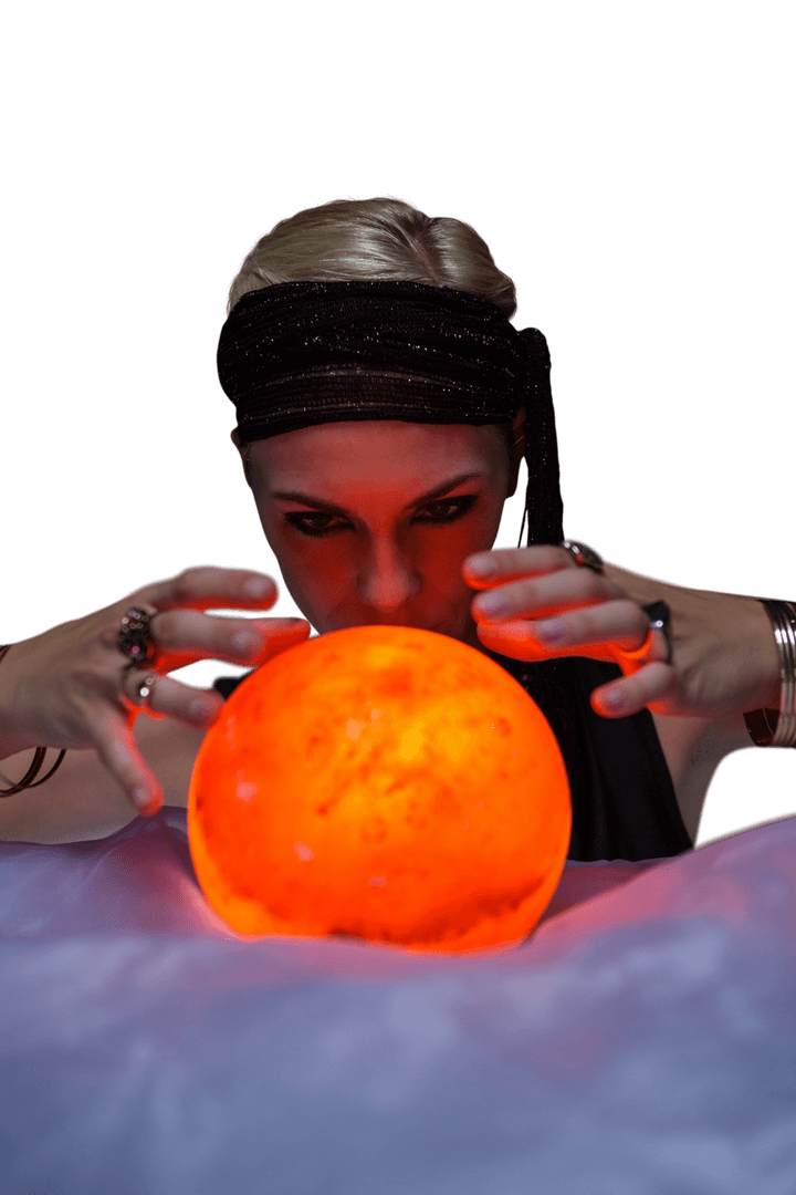 Mystic Fortune Teller with Glowing Orange Crystal Ball on Transparent Background