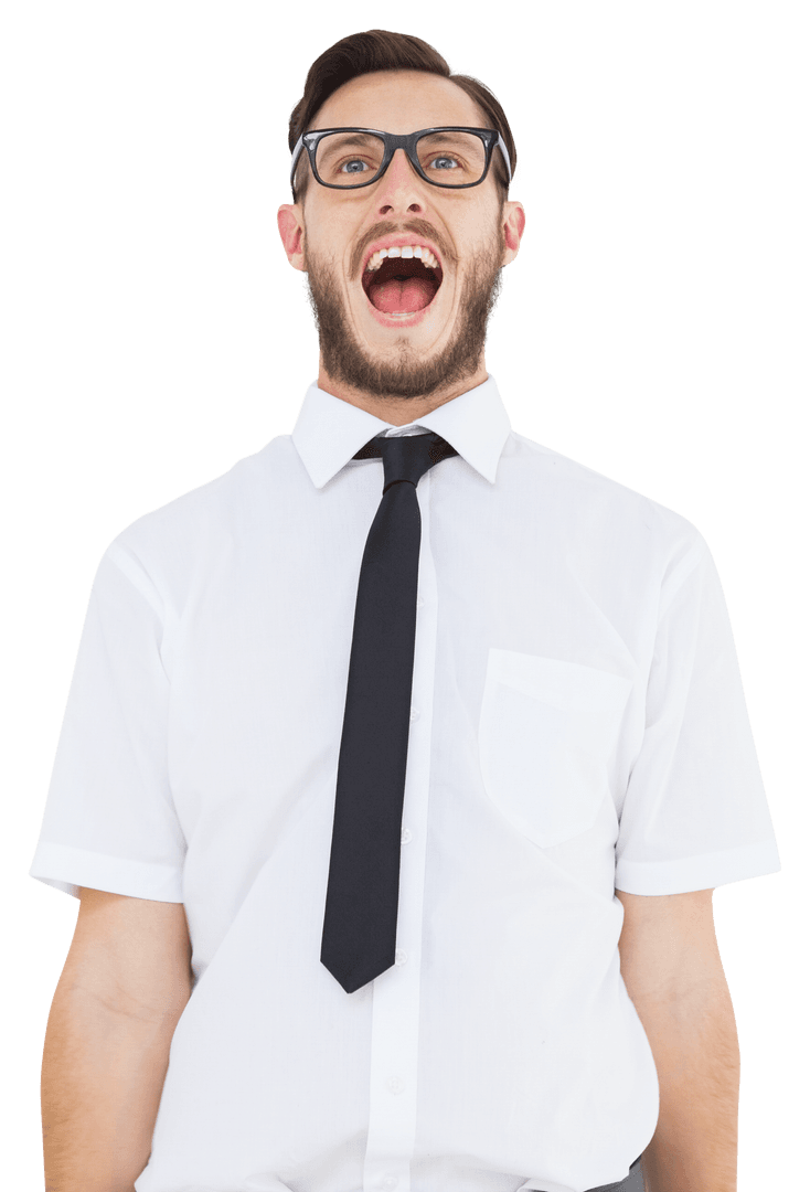 Transparent Excited Geeky Businessman Shouting in Joy