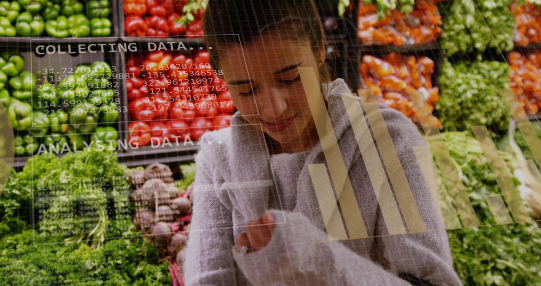 Data Analysis Overlay on Female Shopper in Grocery Store