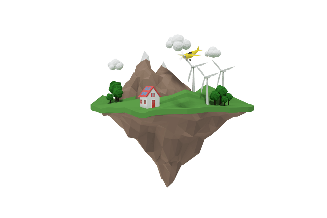 Transparent Floating Island with Mountain, House and Wind Turbines