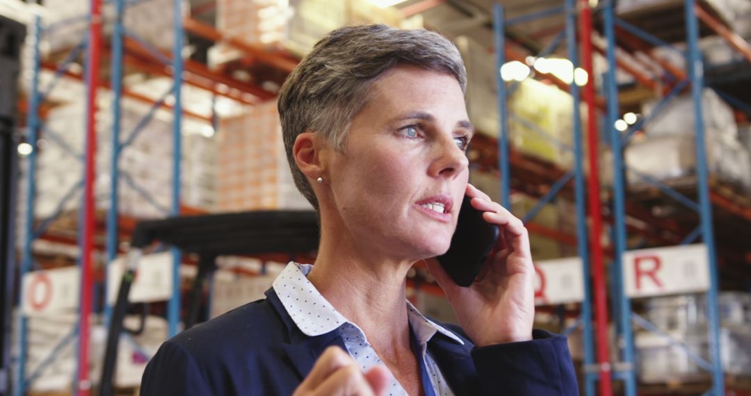 Businesswoman Managing Inventory in Warehouse While on Phone - Free Images, Stock Photos and Pictures on Pikwizard.com