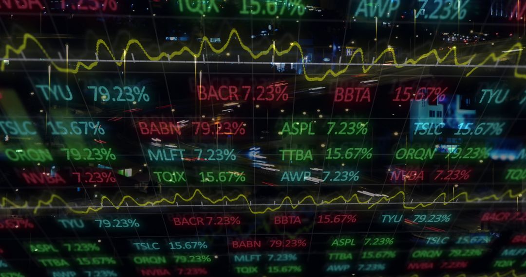 Dynamic Financial Data Displayed Over City Traffic at Night