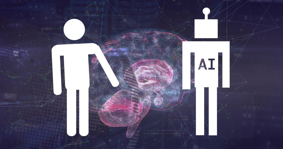 Human and Robot Symbolizing AI Collaboration with Digital Brain