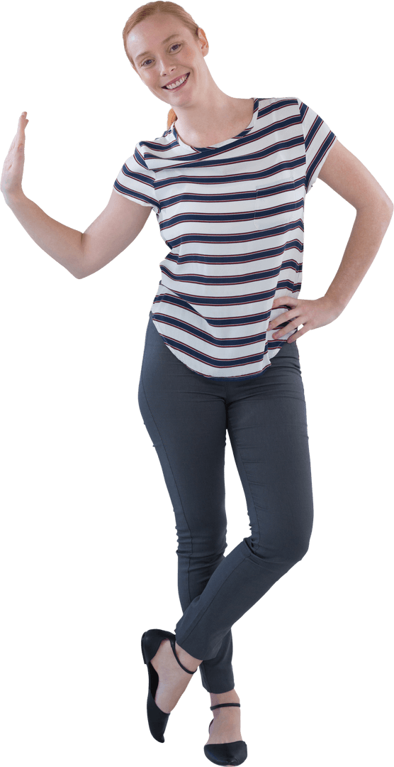 Smiling Woman Leaning On Transparent Background, Casual Fashion