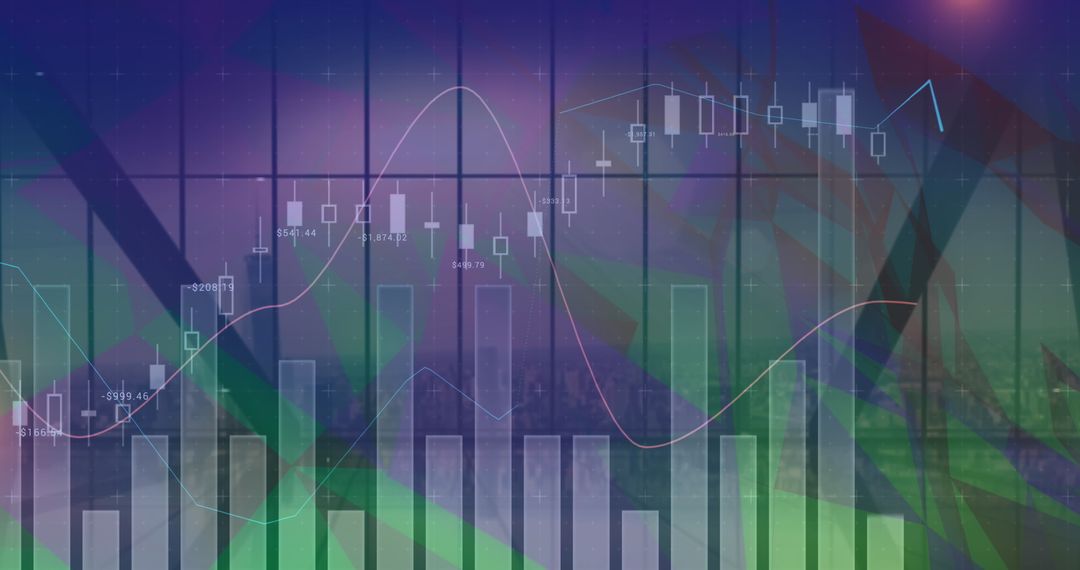 Digital Financial Data Overlay on Cityscape Horizon