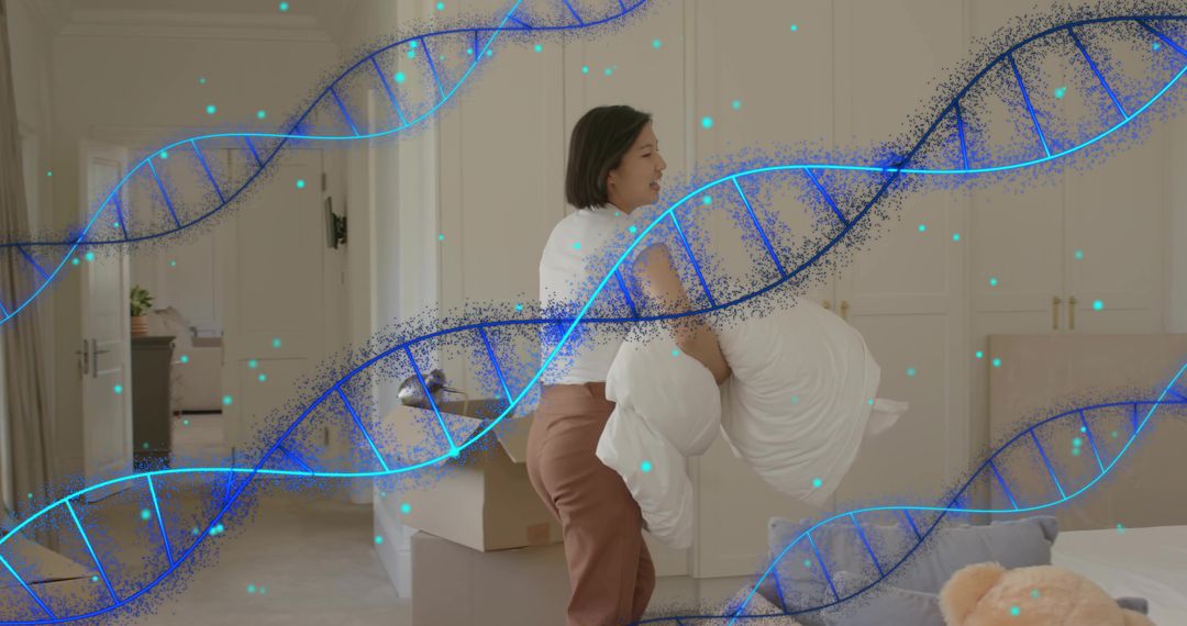 Unpacking woman holding pillows in new apartment with glowing DNA double helix overlay