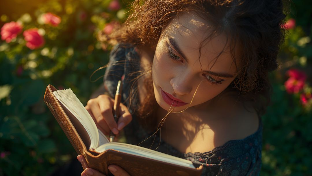 Woman Writing Journal in Rose Garden, Embracing Nature and Mindfulness