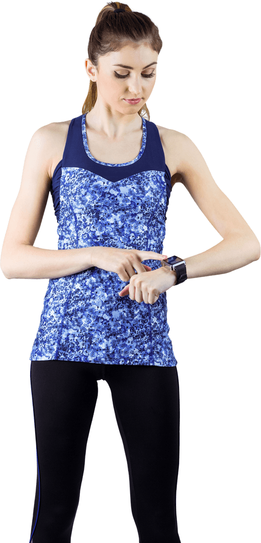 Fit Young Woman Checking Smartwatch Isolated on Transparent Background