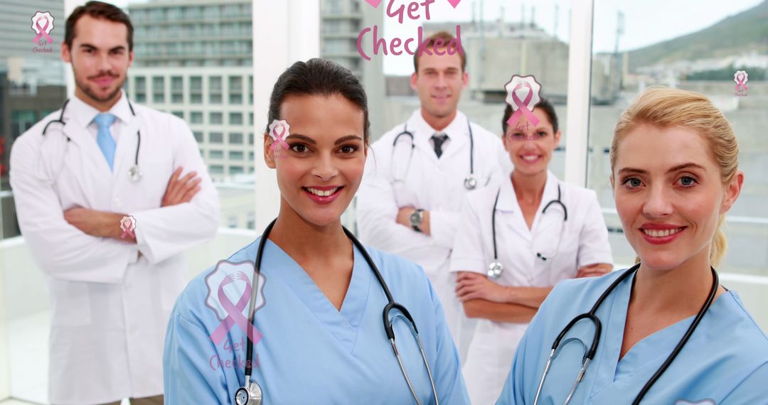 Medical Team Promoting Breast Cancer Awareness Smiling Confidently - Free Images, Stock Photos and Pictures on Pikwizard.com