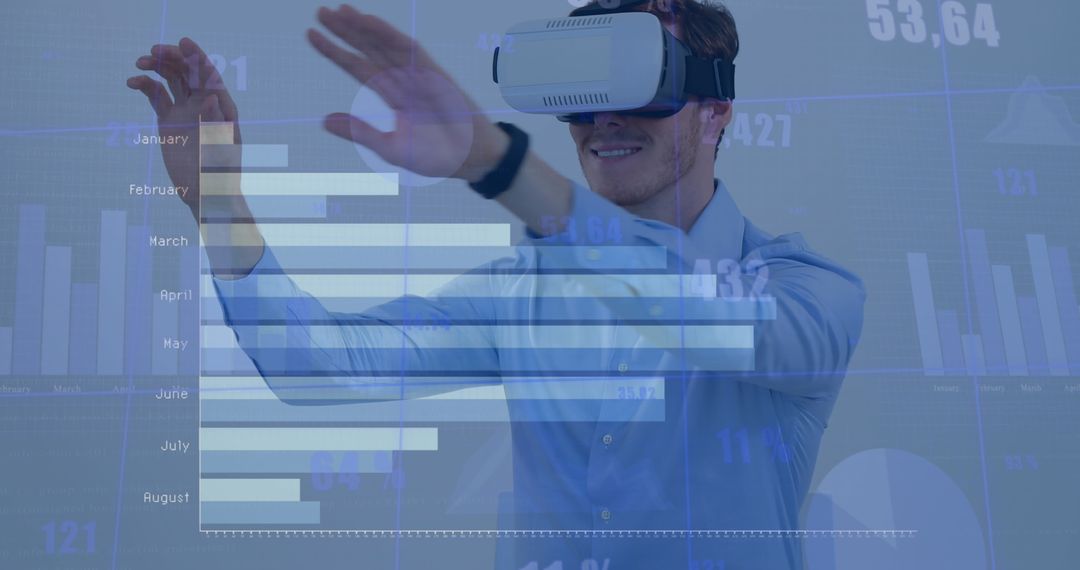 Smiling Man in VR Headset Analyzing Financial Data