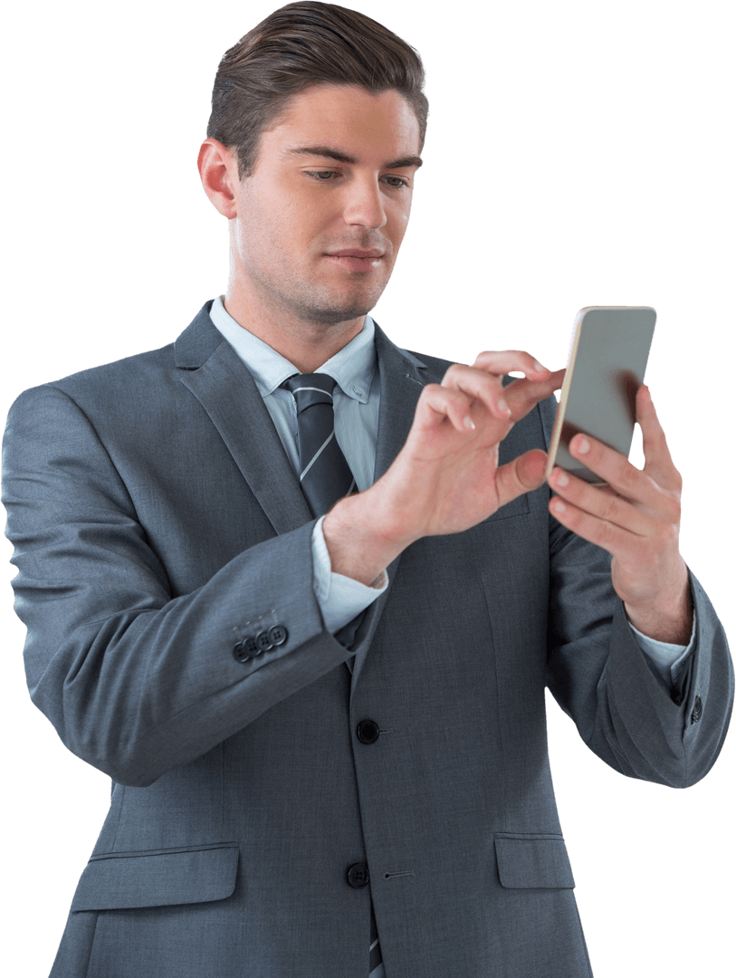 Transparent Businessman Typing on Smartphone in Suit