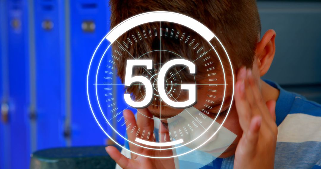 Concept of 5G with Tired Boy Experiencing Discomfort