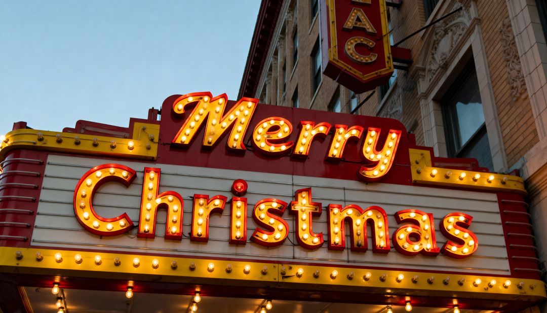 Retro Theater Marquee Reading Merry Christmas with Warm Bulb Glow at Dusk Urban Brick Facade